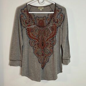 One World Live & Let Live Boho Paisley Knit Top Size M 3/4 Sleeve Tee